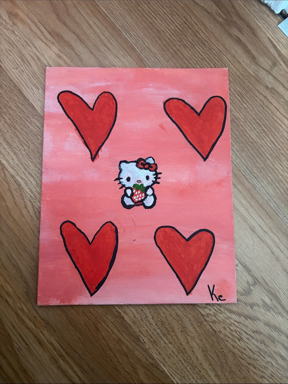 Hand painted Hello Kitty Heart Print Wall Art - Pink and Red